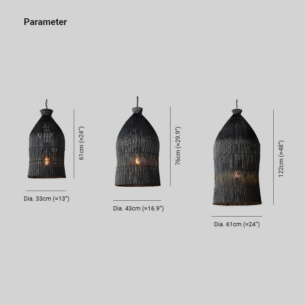 Muto Birdcage Pendant Light dimensions, black rattan design