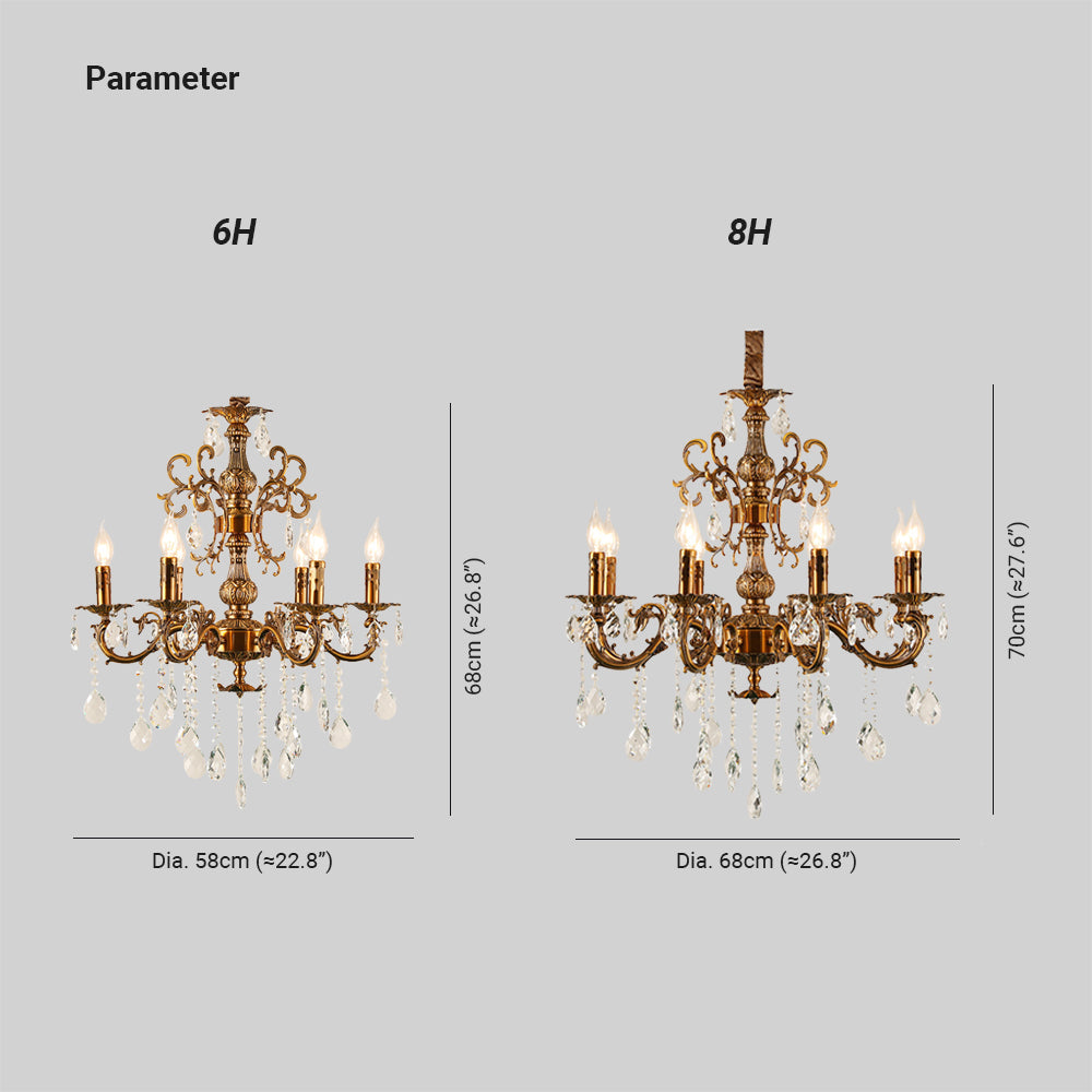 Silva Chandelier dimensions, 6H and 8H models, golden bronze finish