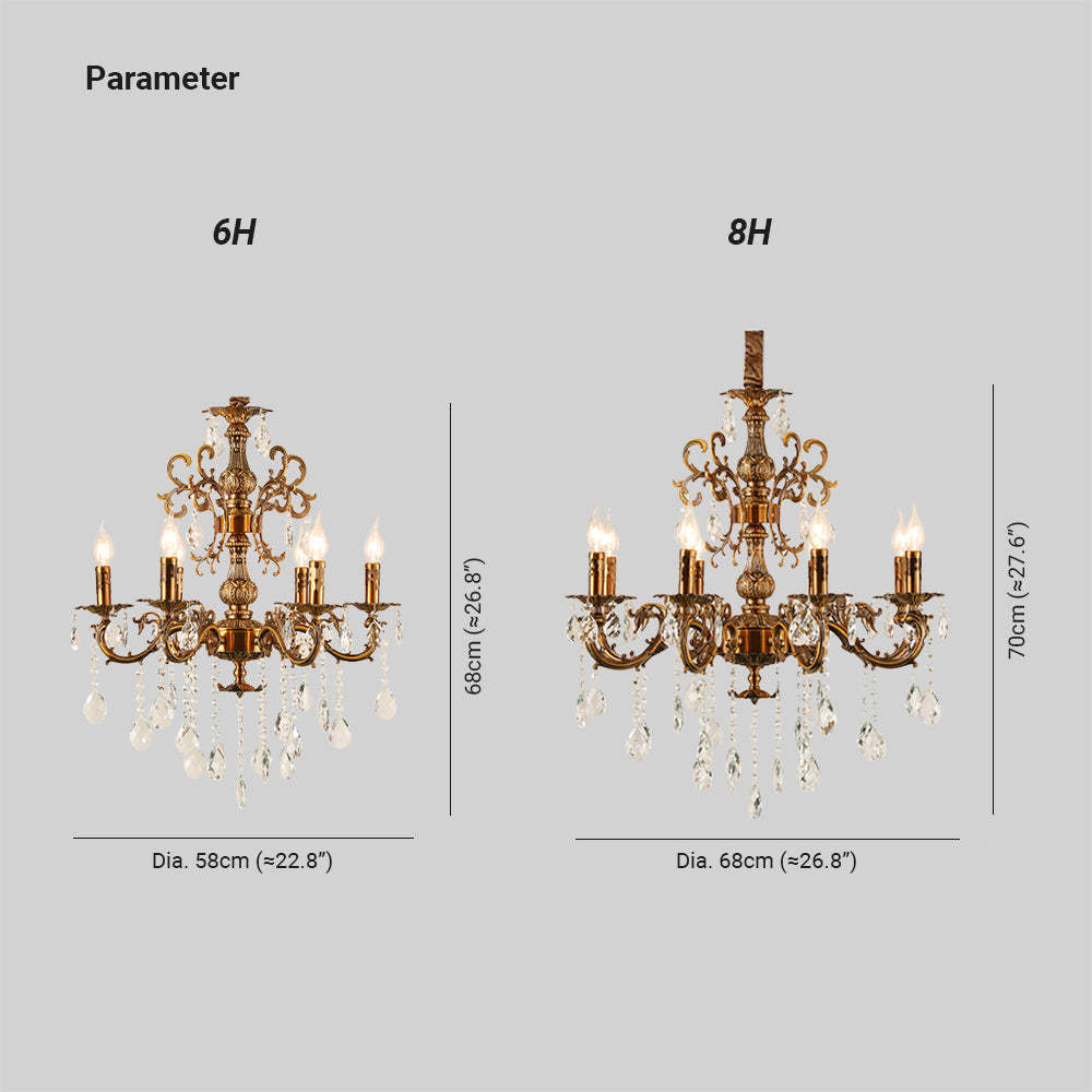 Silva Chandelier dimensions, 6H and 8H models, golden bronze finish