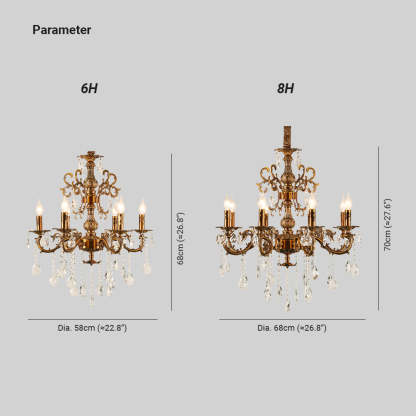 Silva Chandelier dimensions, 6H and 8H models, golden bronze finish