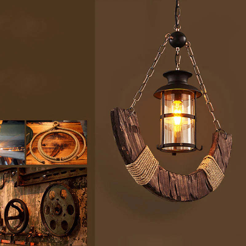 Austin wood pendant light with glass shade.
