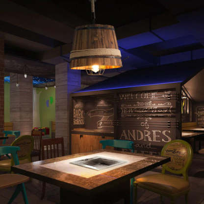 Wooden bucket pendant light in a restaurant, rustic bar lighting
