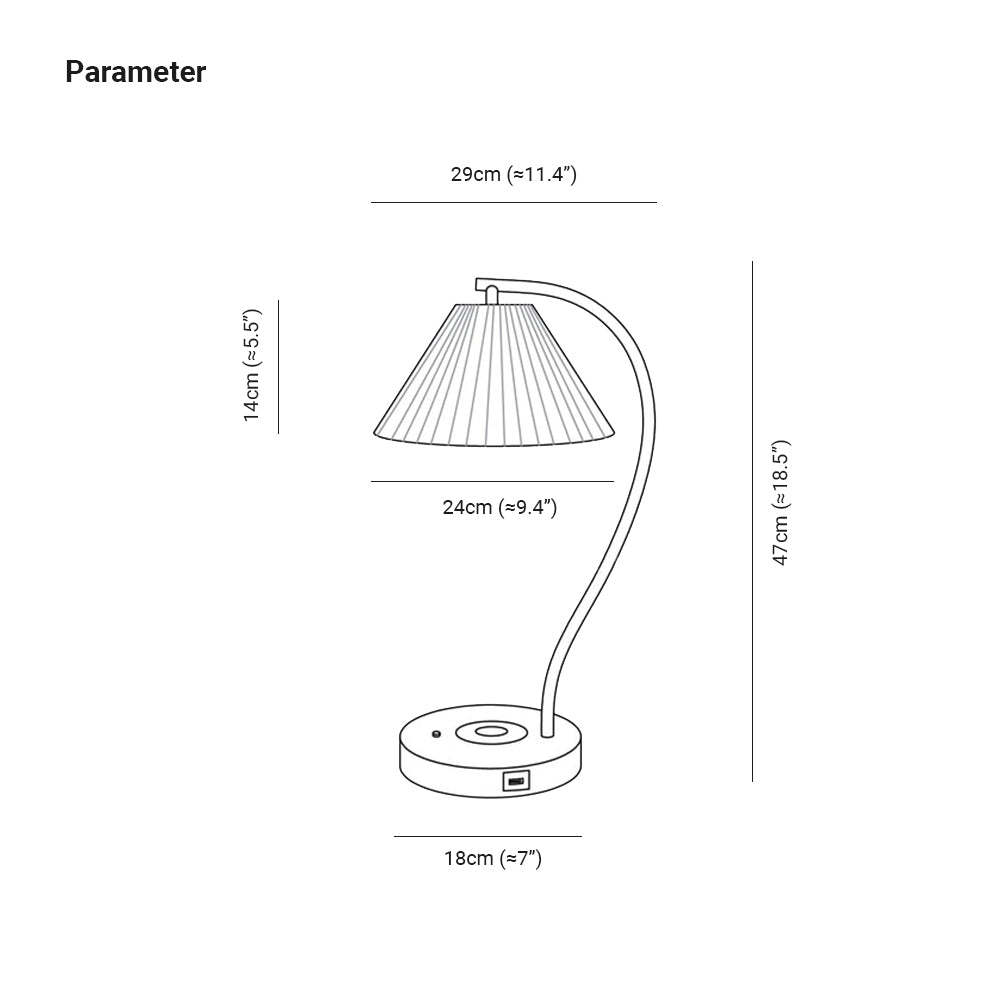 Sano Nordic Table Lamp dimensions, 29cm x 47cm, pleated shade, metal base