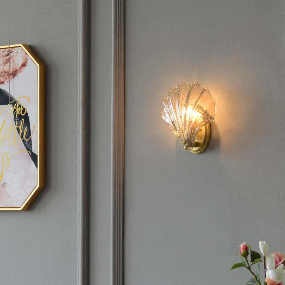 Veta Fashion wall lamp on gray wall with artwork, bedroom lighting.