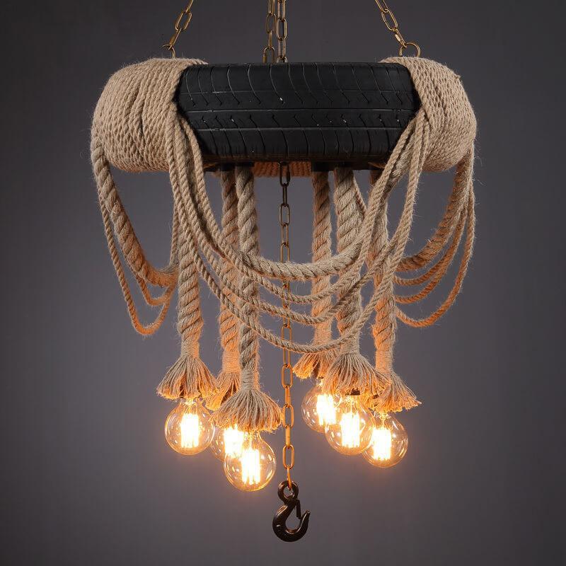 Industrial hemp rope and tire chandelier