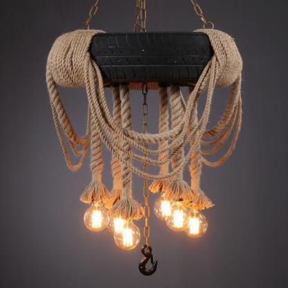 Industrial hemp rope and tire chandelier