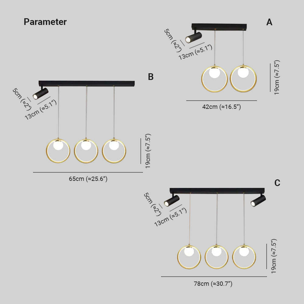 Madina Pendant Light Dimensions - A, B, and C sizes