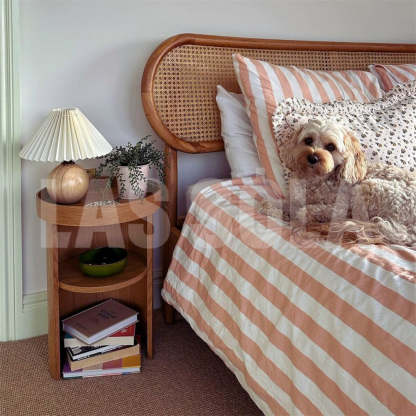 Ozawa Vintage Table Lamp in bedroom with rattan headboard and a dog. Ozawa Vintage Bedside Table Lamp Cream  Rattan Wood Ceramic