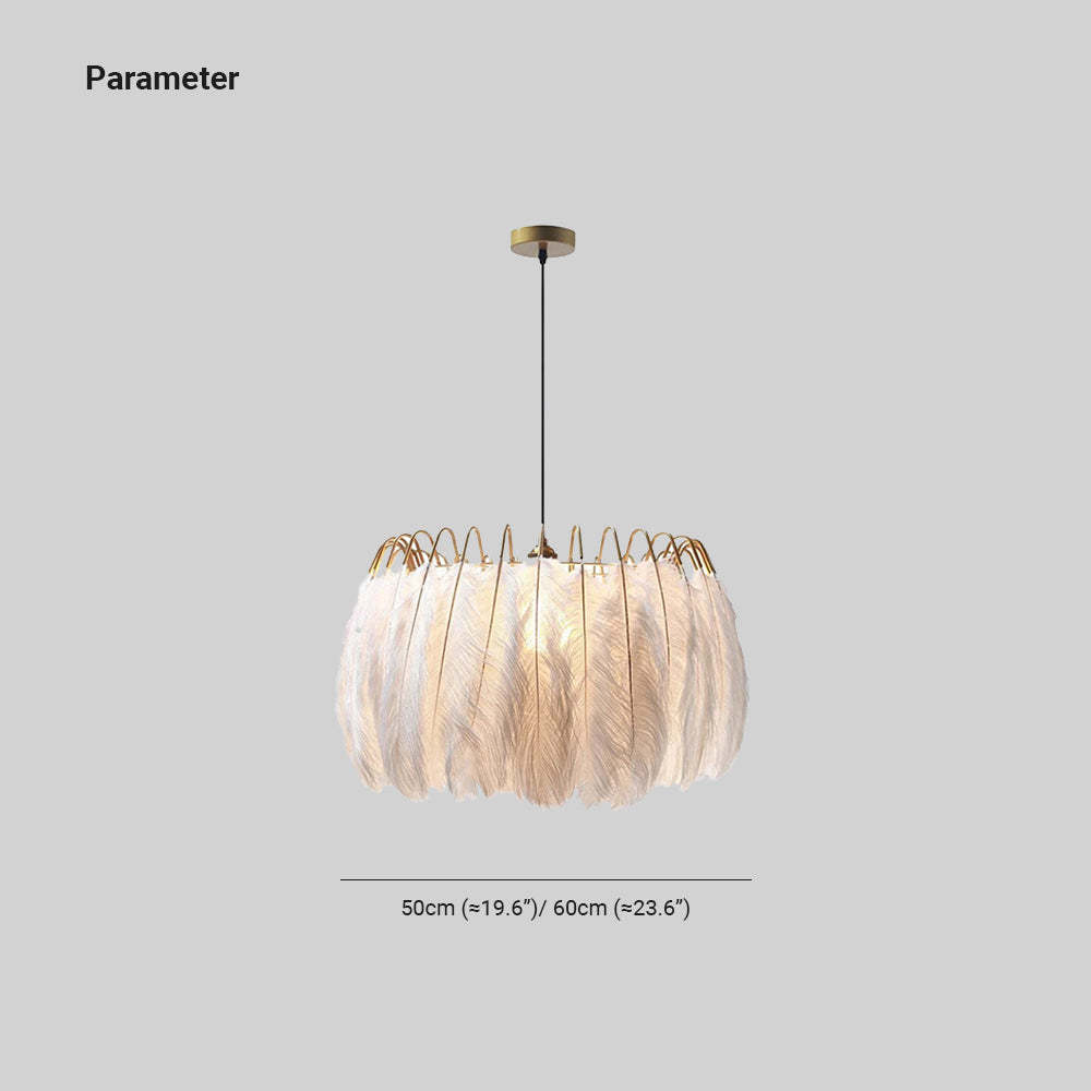 O'Moore Feather Pendant Light, white feather lampshade with gold frame, size details