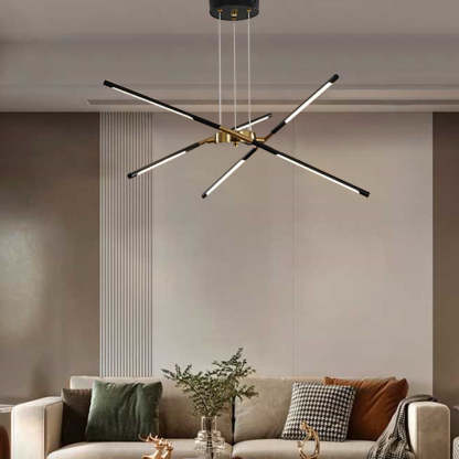 Black and gold edge pendant light over sofa