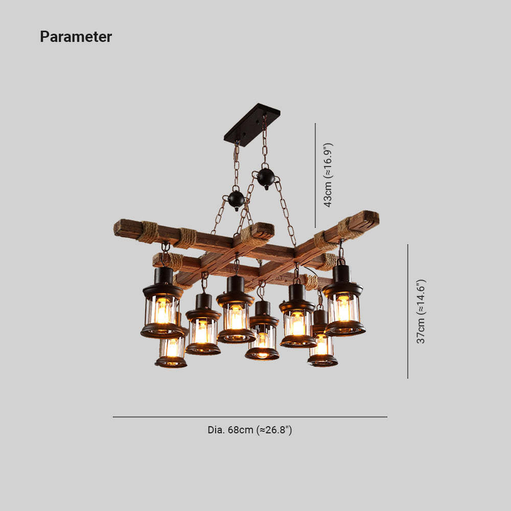 Wood and metal Austin chandelier with glass lanterns