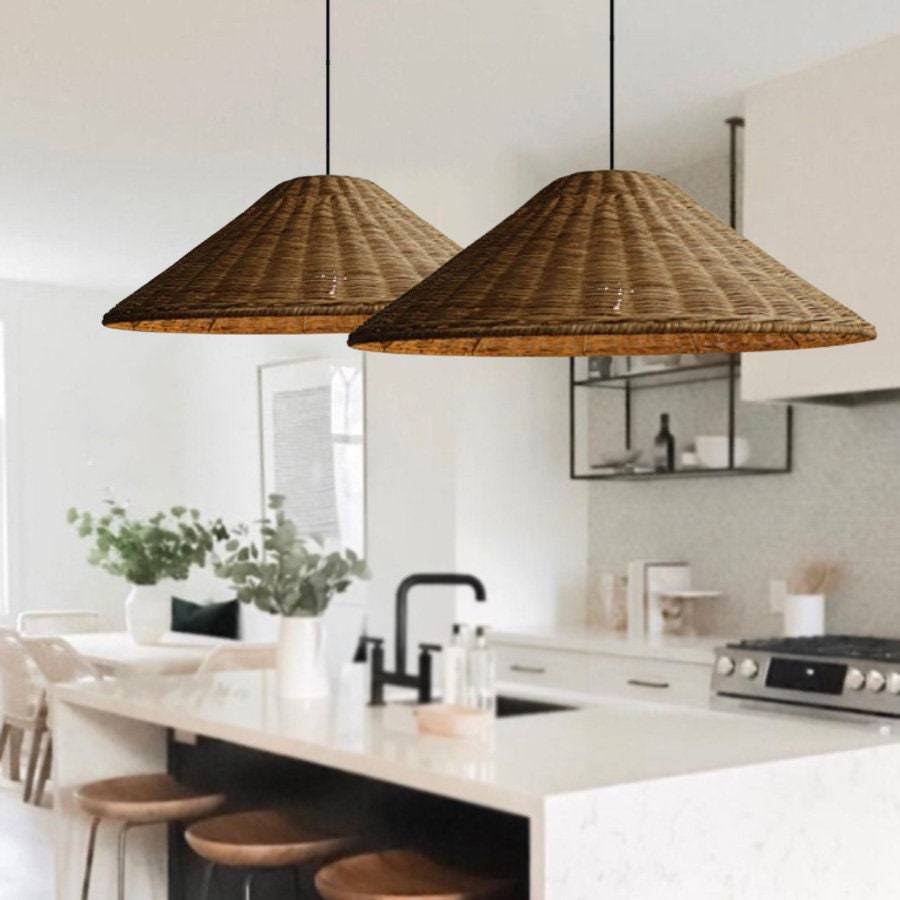 Two Muto Rattan Pendant Lights in Kitchen