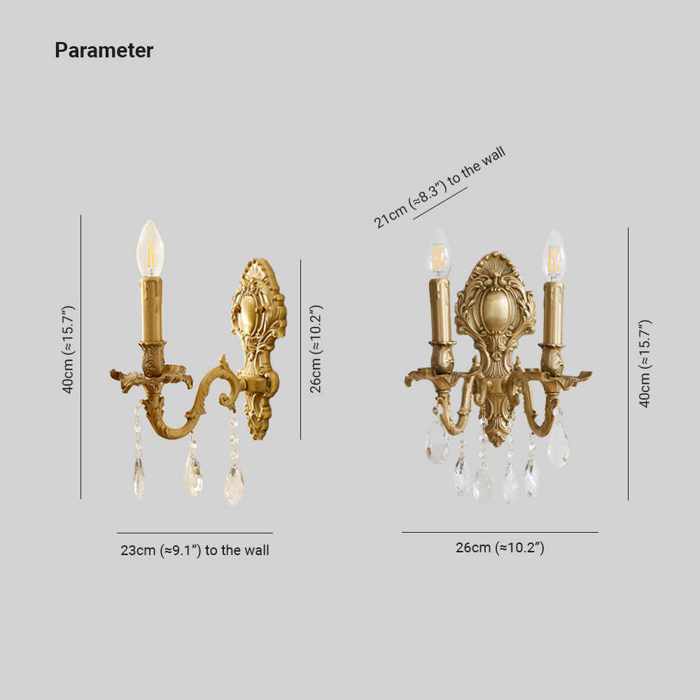 Alessio vintage LED wall light dimensions, brass and crystal
