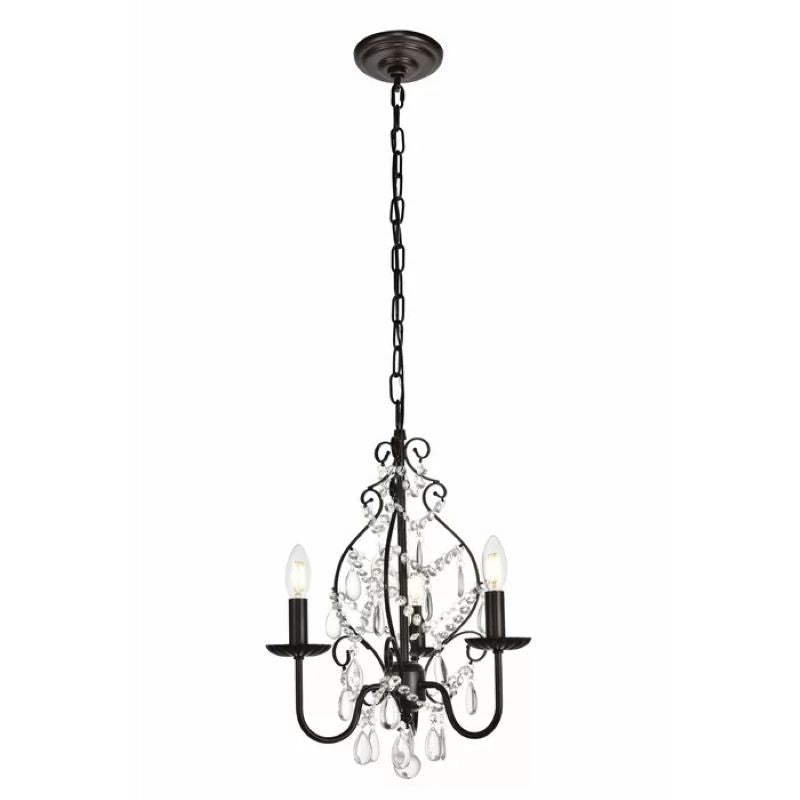 Black crystal chandelier with candle-shaped bulbs, decorative lighting fixture