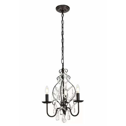 Black crystal chandelier with candle-shaped bulbs, decorative lighting fixture