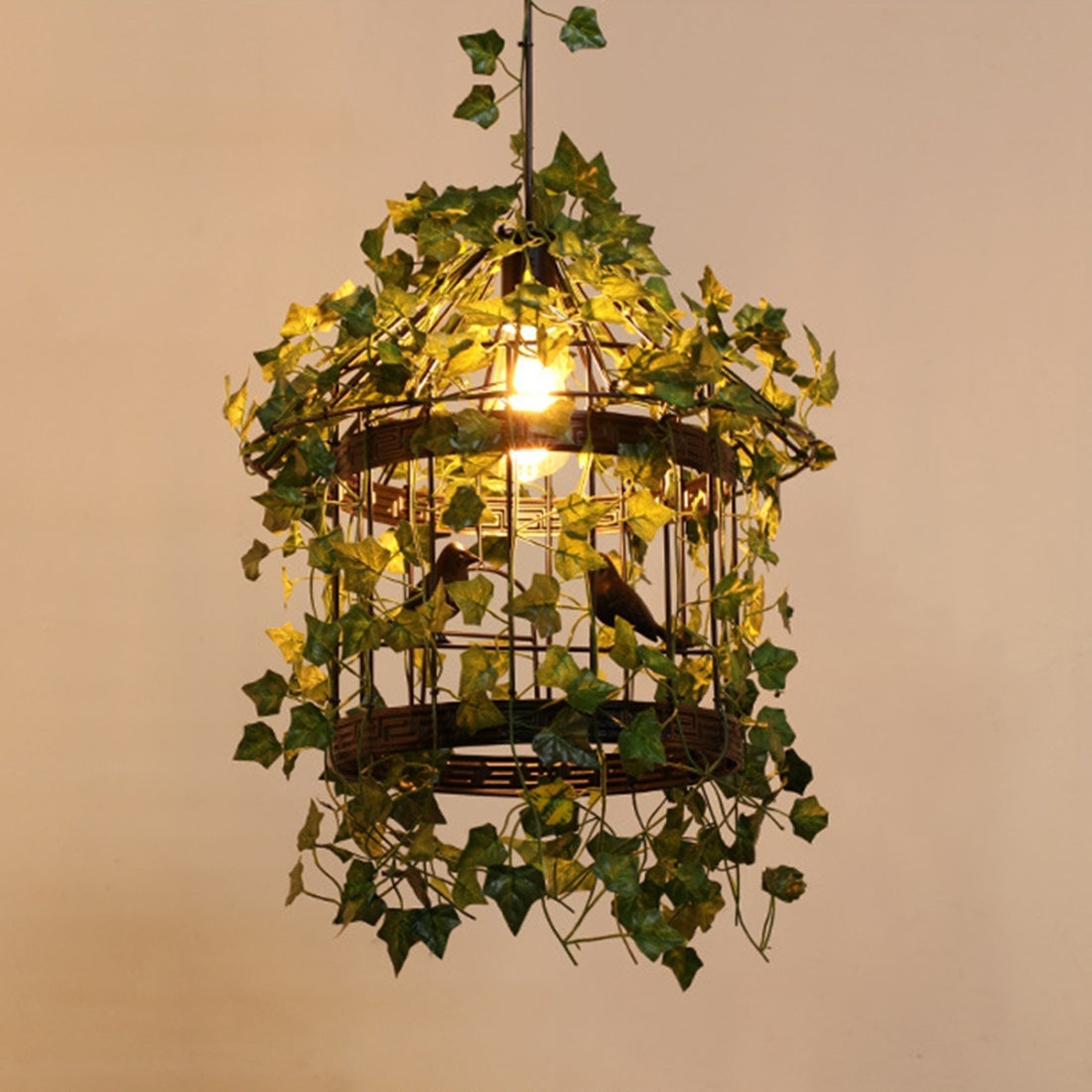 Vireo LED Pendant Light with Birdcage Design and Green Leaves