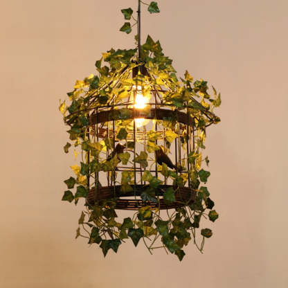 Vireo LED Pendant Light with Birdcage Design and Green Leaves