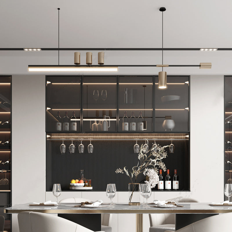 Modern dining room with Edge pendant lights, wine bar
