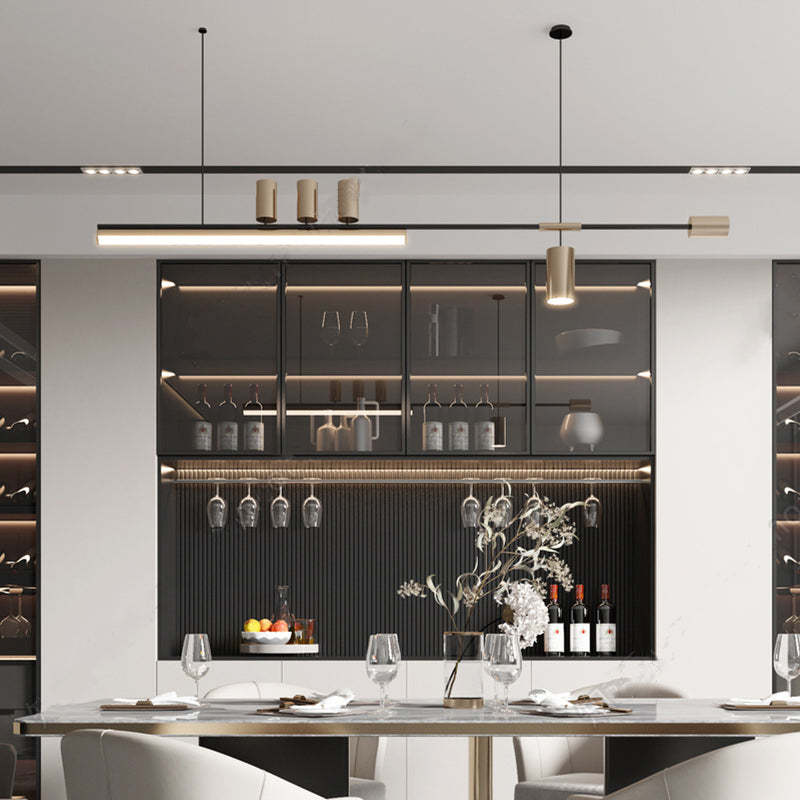 Modern dining room with Edge pendant lights, wine bar