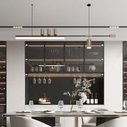 Modern dining room with Edge pendant lights, wine bar