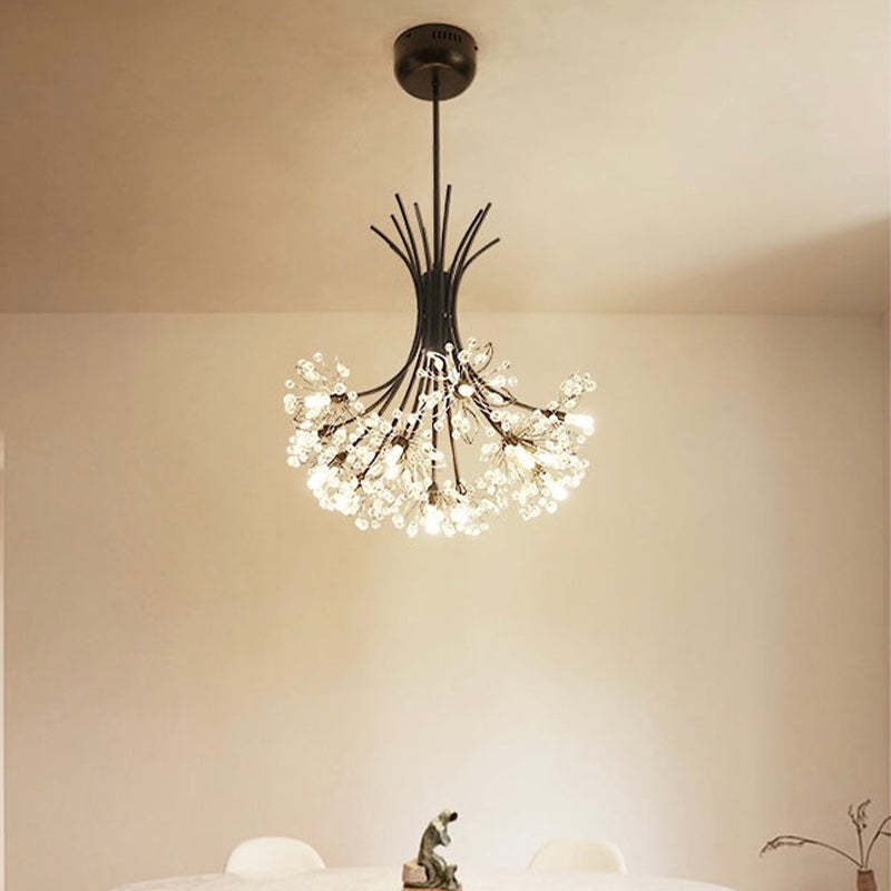 Black Lily Crystal Chandelier in dining room. Art Deco lighting.