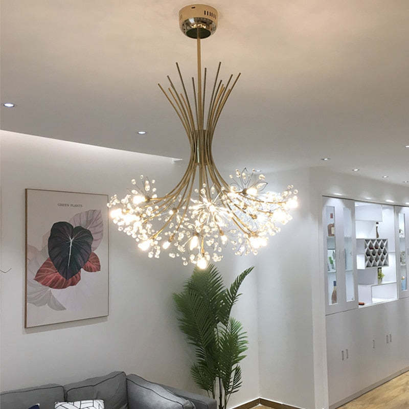 Gold Crystal Sputnik Chandelier in Living Room. Art Deco lighting.