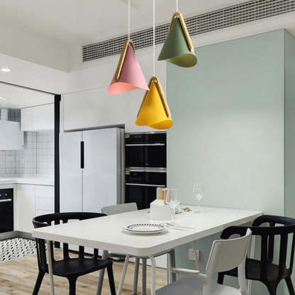 Colorful Morandi pendant lights above dining table