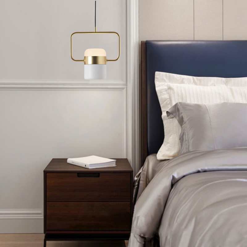 Modern industrial pendant light in bedroom setting