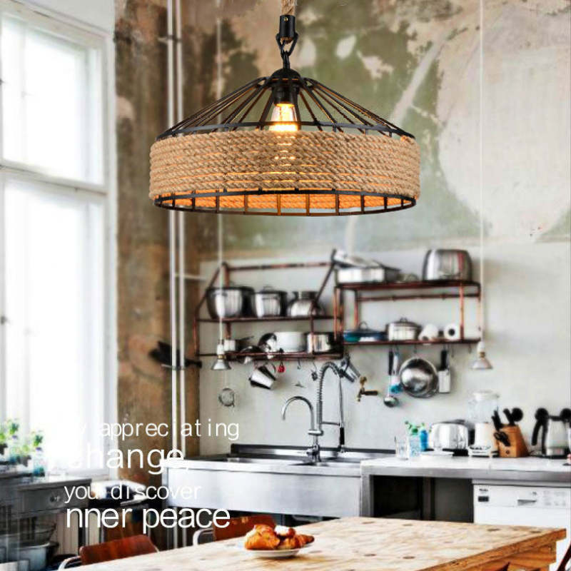 Rustic kitchen with rope metal pendant light by Las Sola