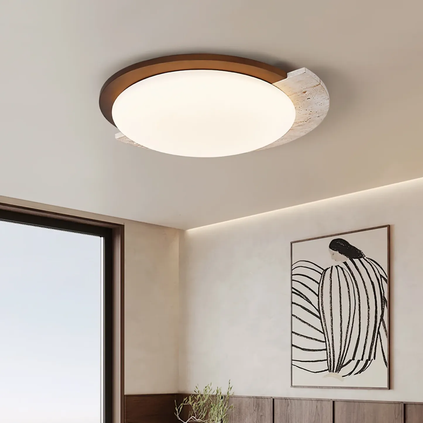 Modern bedroom interior with Ozawa ceiling lamp and artwork