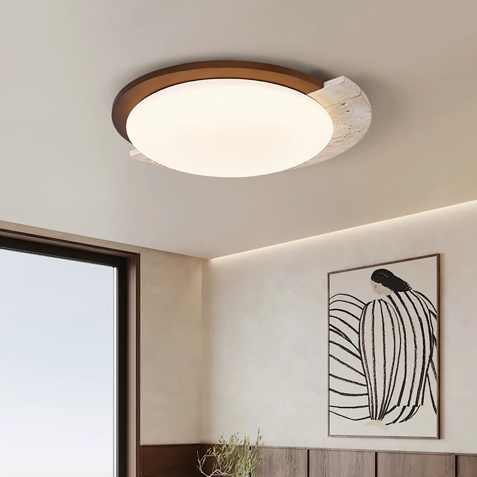 Modern bedroom interior with Ozawa ceiling lamp and artwork