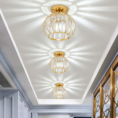 Gold crystal ceiling lights illuminating hallway
