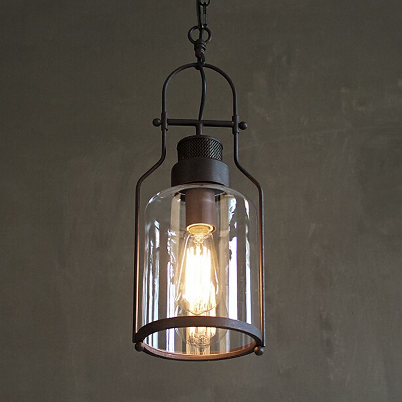 Vintage industrial pendant light. Rustic metal & glass fixture.