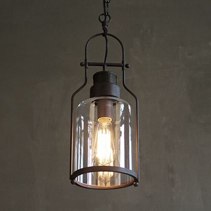 Vintage industrial pendant light. Rustic metal & glass fixture.