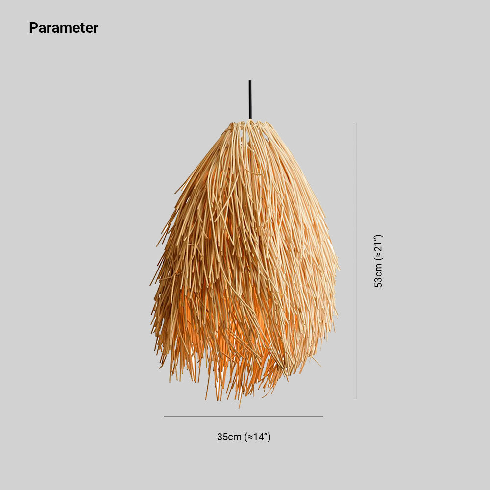 Muto rattan pendant light dimensions, 53cm tall, 35cm wide.