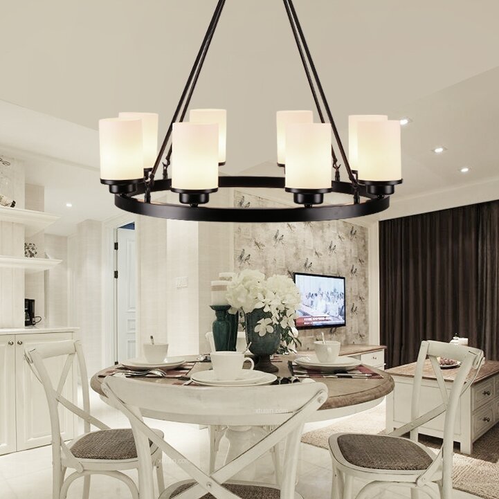 Alessio black metal glass chandelier over dining table. Alessio Retro Metal Glass Chandelier for Living Room