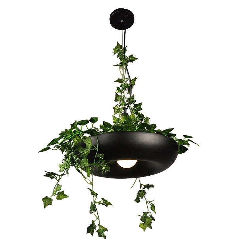 Black Nest Pendant Light with Greenery - Modern Lighting Fixture