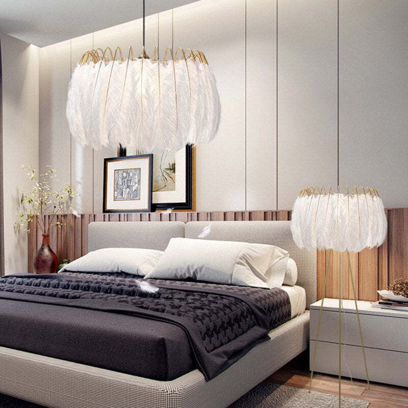 Bedroom with O'Moore feather pendant lights