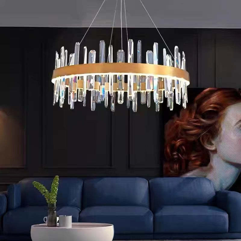 Marylin Chandelier over blue sofa
