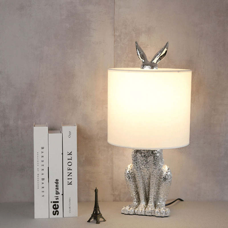 Silver rabbit table lamp with white shade, Las Sola lighting