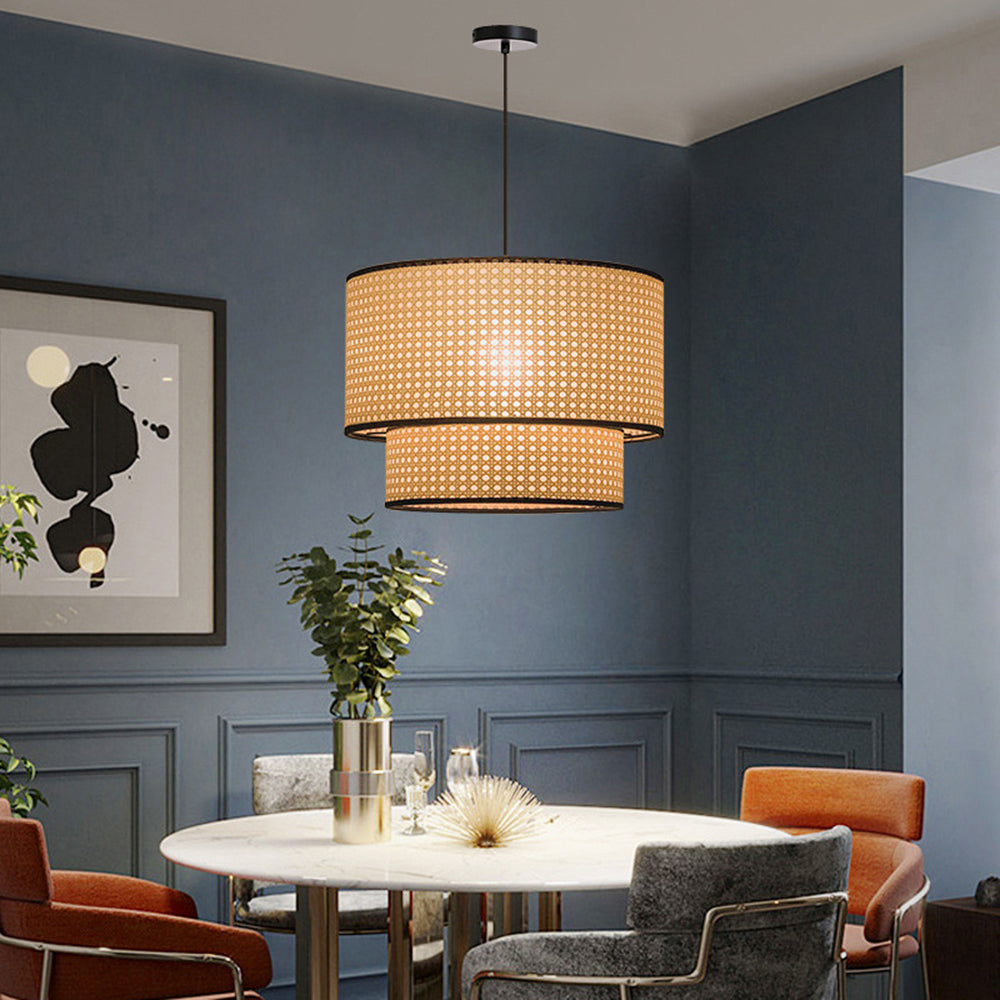 Rattan pendant light in a modern dining room setting