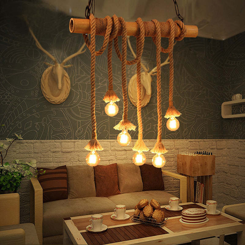 Alessio Pendant Light: Rustic Wood and Rope Chandelier Alessio Vintage Wood/Rope Pendant Light, Farmhouse, Living Room