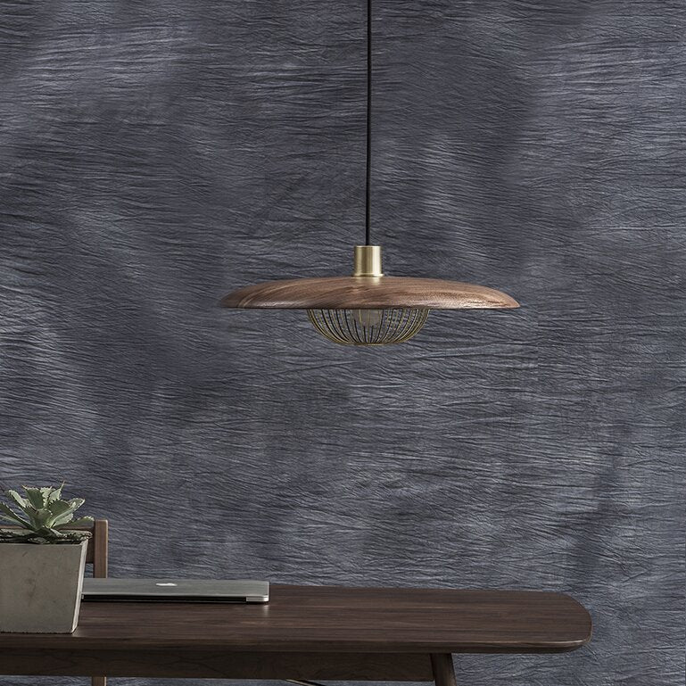 Cairns wood & metal pendant light over desk.