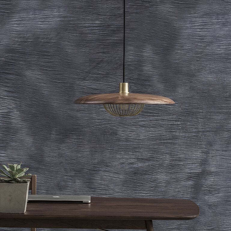 Cairns wood & metal pendant light over desk.