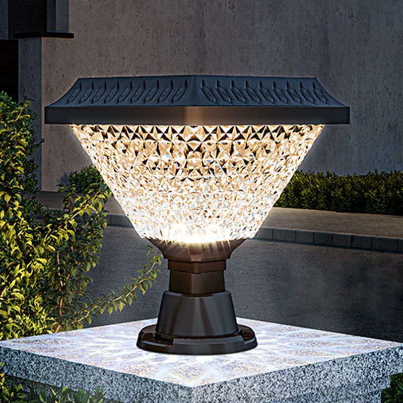 Riley modern outdoor floor lamp, geometric acrylic design.