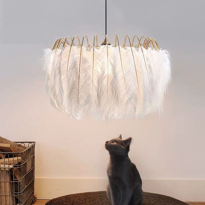 Feather pendant light with cat observing