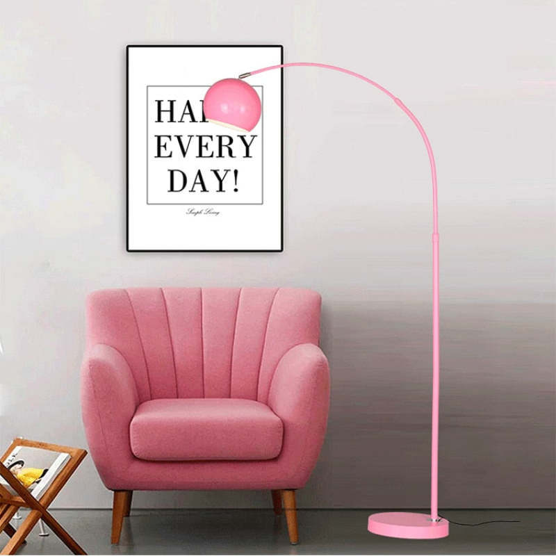 Pink Morandi arc floor lamp with pink chair. Las Sola Lighting. Morandi Modern Fishing 1 Light Arc Floor Lamp Metal