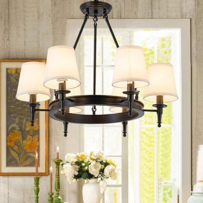 Black Alessio Chandelier with Fabric Shades. Vintage Ring Lighting.