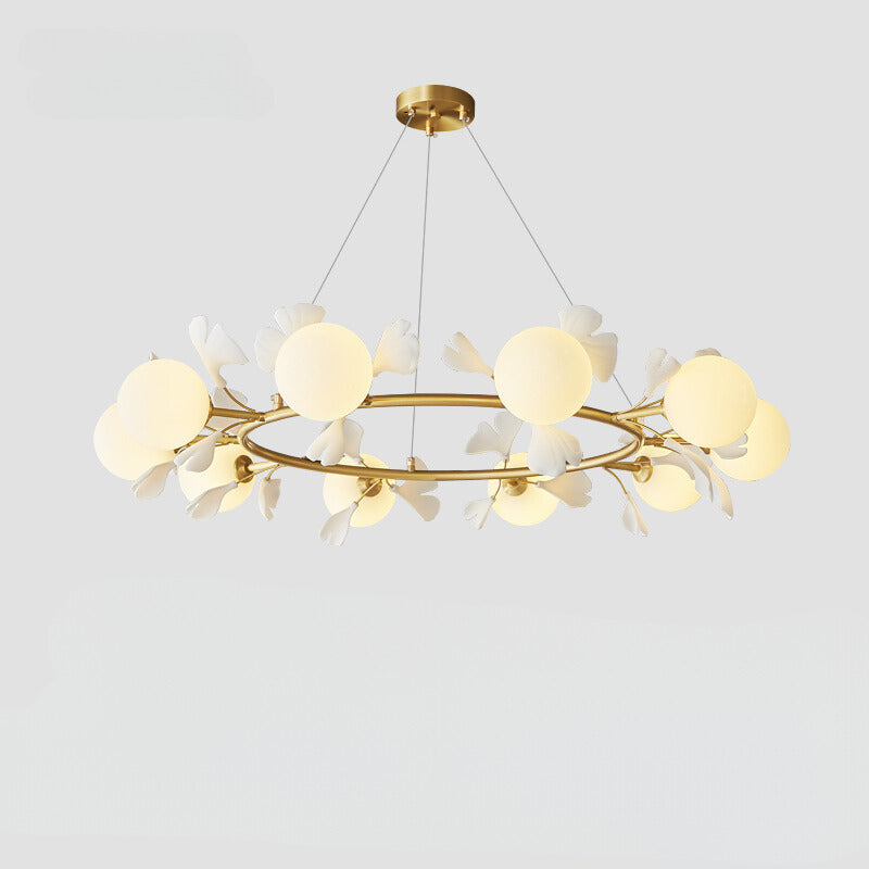 Lassola Olivia Chandelier: Gold ring design with leaf and orb accents
