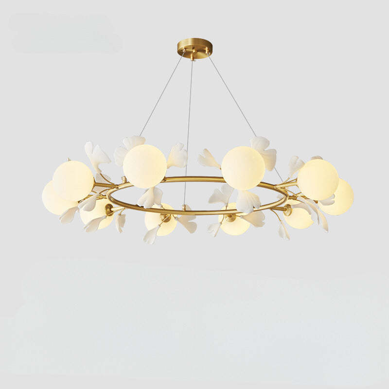 Lassola Olivia Chandelier: Gold ring design with leaf and orb accents